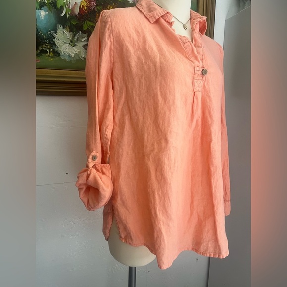 Peach 100% Linen Tunic, natural brown buttons size small - Picture 2 of 10